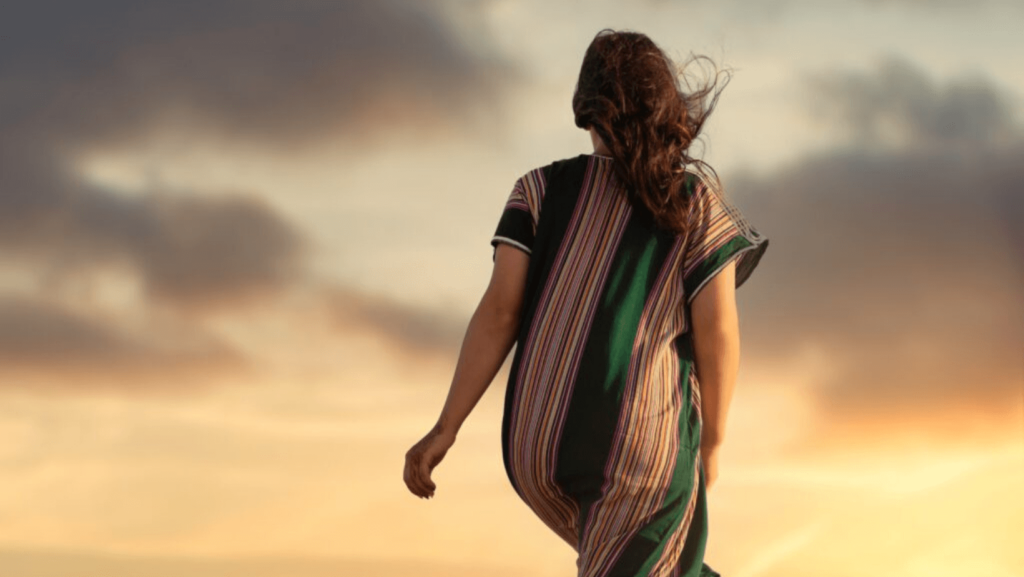 A woman with long brown hair and a green and red striped dress walking against a yellow sky with her back turned