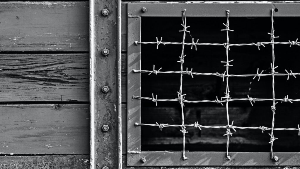 Cropped view of wood, steel, and barbed wire