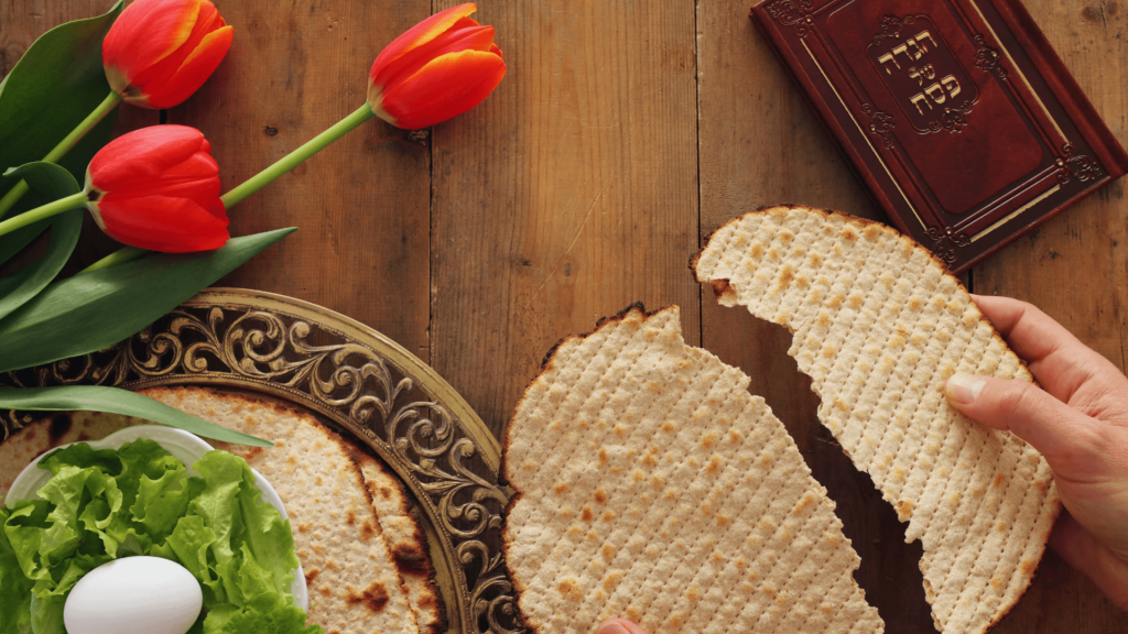Seder plate with matzah and tulips