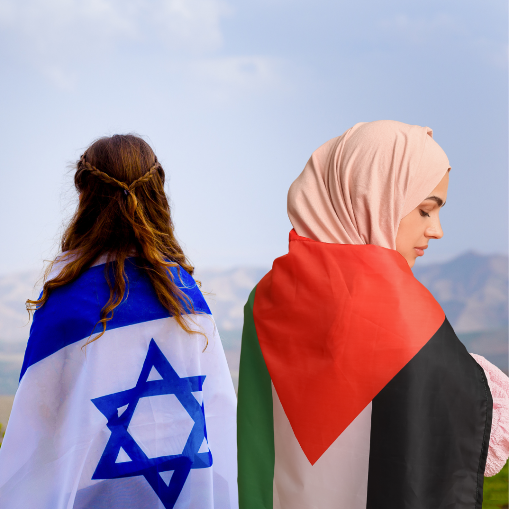 Two women standing back to back, one draped in an Israeli flag, the other in a Palestinian flag, with a mountain backdrop.