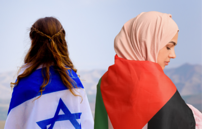 Two women standing back to back, one draped in an Israeli flag, the other in a Palestinian flag, with a mountain backdrop.