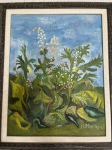 Framed painting of green plants with white flowers against a blue sky.