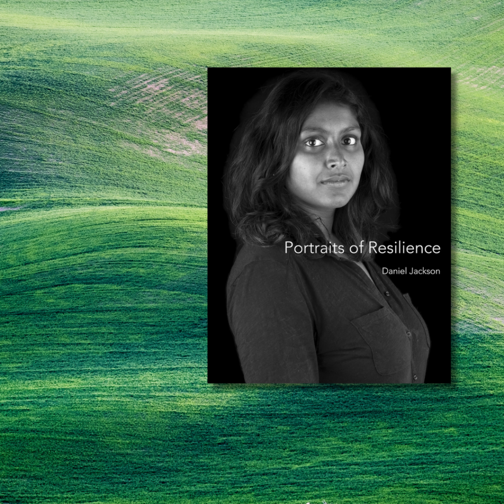 Book cover titled Portraits of Resilience by Daniel Jackson, featuring a woman against a green abstract background.