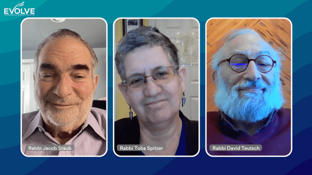 Three rabbis on video screens: Rabbi Jacob Staub, Rabbi Toba Spitzer, Rabbi David Teutsch
