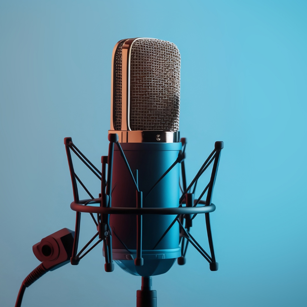 Close-up of a vintage microphone on a stand, set against a blue background.