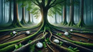 A mystical forest with a tree and roots intertwined with vintage pocket watches, surrounded by mist.