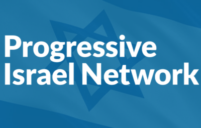 Progressive Israel Network text overlaid on a blue background with a Star of David symbol.