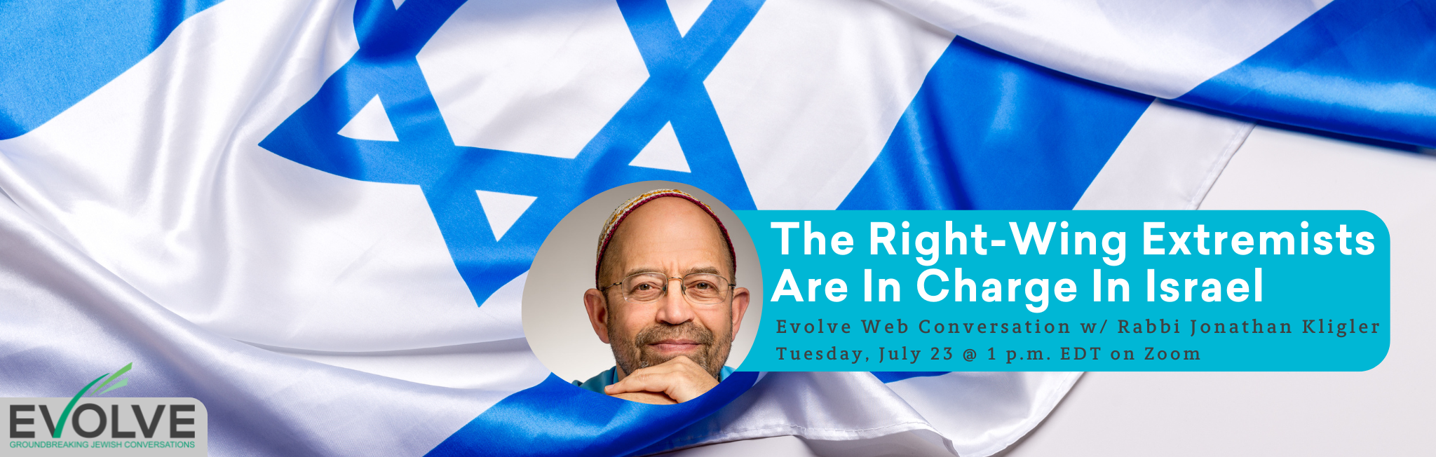 Webinar banner with Israeli flag and text about a conversation with Rabbi Jonathan Kligler.