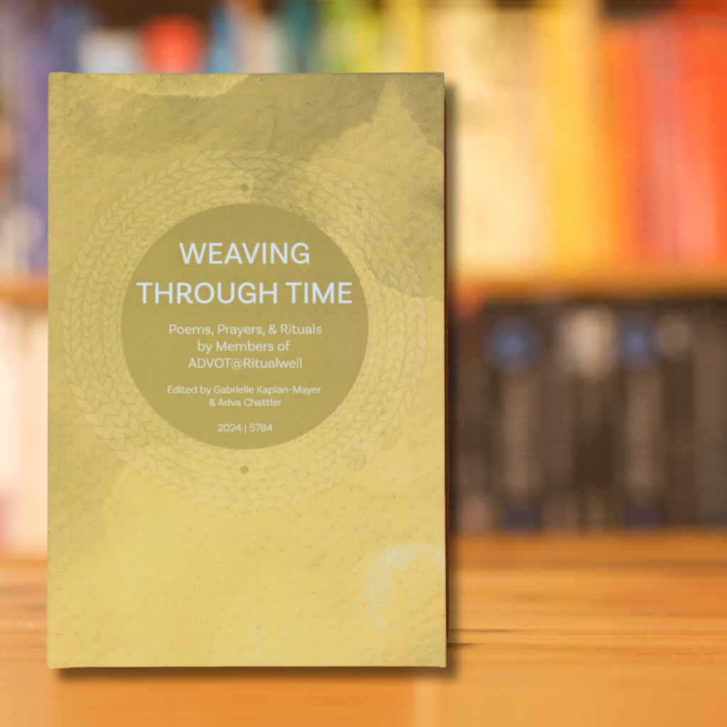 Book titled Weaving Through Time on a wooden table with a blurred bookshelf in the background.