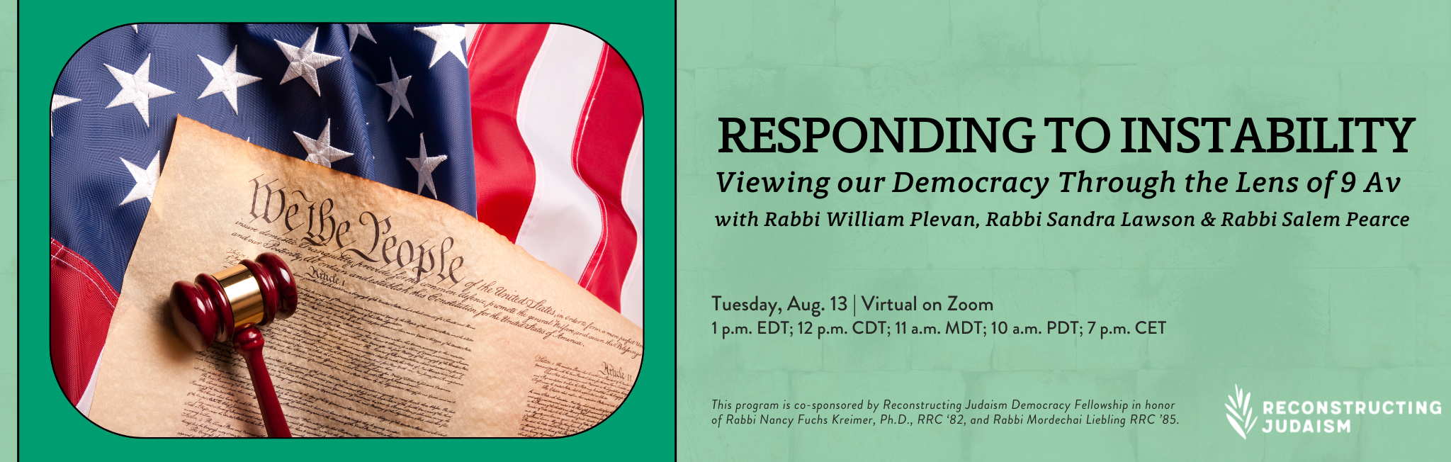 Flyer with an American flag, the Constitution, and event details for Responding to Instability webinar.