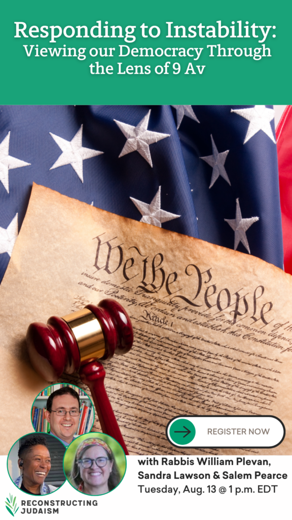 U.S. flag, Constitution, gavel, and event details with smiling individuals for a discussion on democracy.