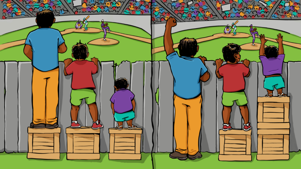 Two panels show children using boxes to watch a baseball game over a fence. Left: unequal boxes. Right: equal visibility.