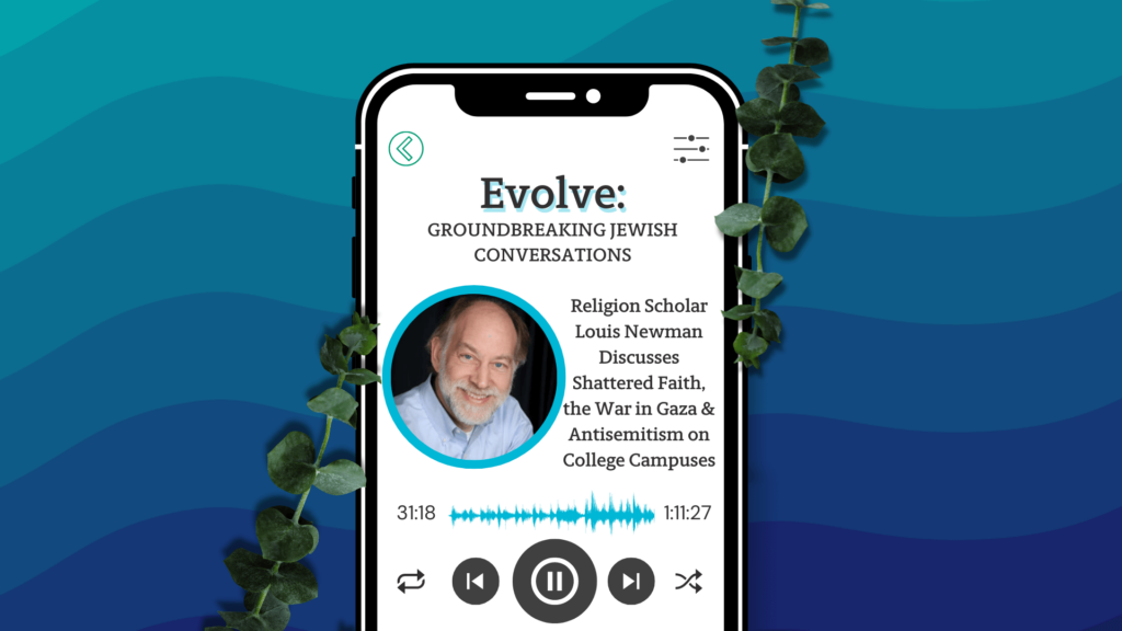 Smartphone with Evolve: Groundbreaking Jewish Conversations against a background of blue waves