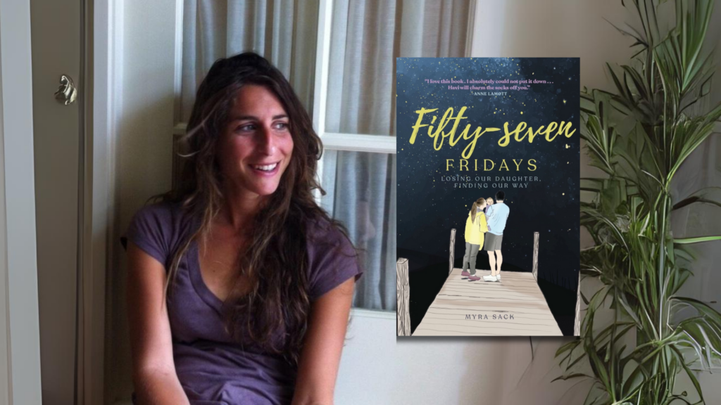 A woman smiling next to a window with a book titled Fifty-seven Fridays displayed beside her.
