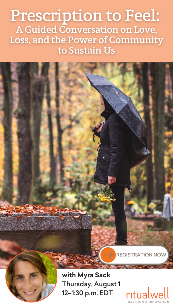 Person with umbrella stands by grave; event details overlay with registration button.