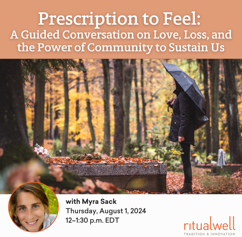 Person with umbrella at a grave in a wooded area; event details overlay with date and speaker information.