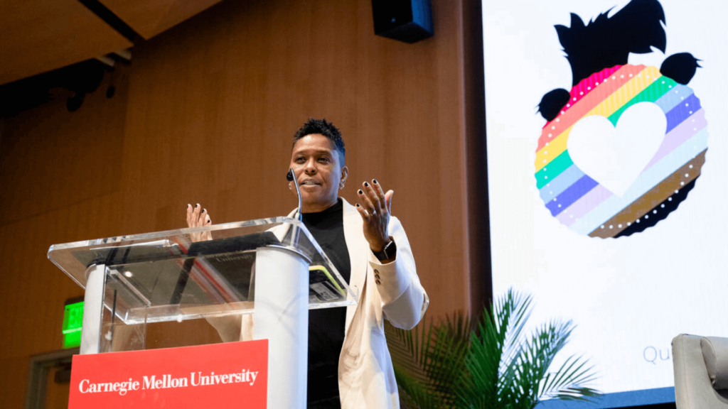 Rabbi Sandra Lawson speaking at Carnegie Mellon University