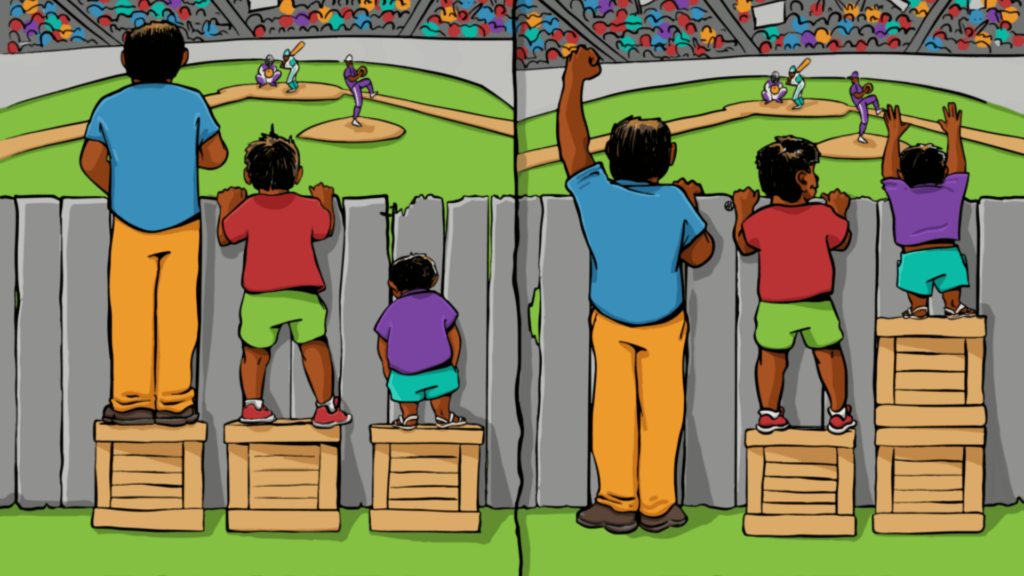 An illustration of Equality vs. Equity: on the left, three people stand on equally-sized crates at a fence, but the shortest person cannot see over the fence. On the right, the shortest person is given two crates to stand on to see over the fence.