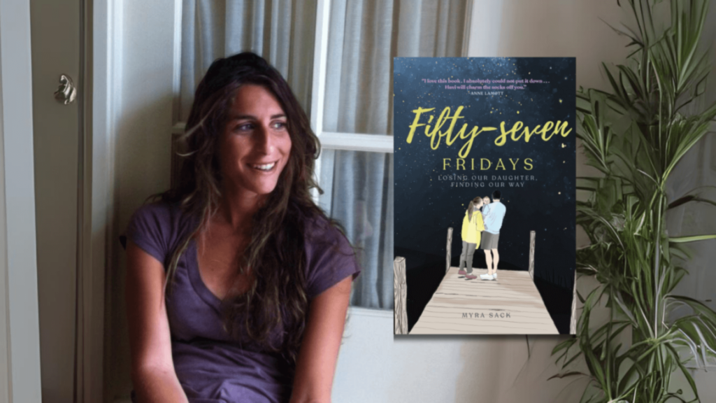 Author Myra Sack with her book, Fifty-Seven Fridays: Losing Our Daughter, Finding Our Way