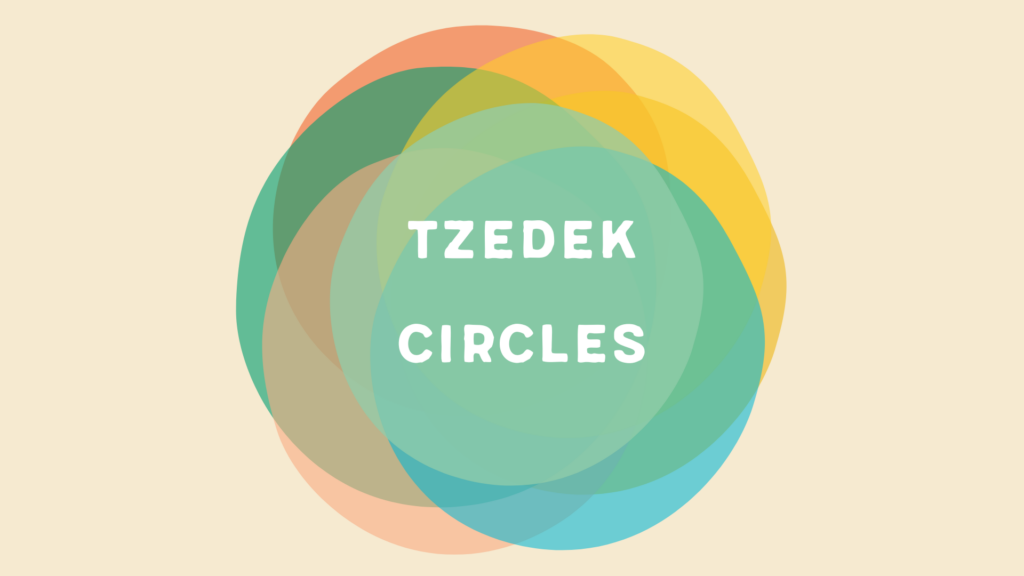 Overlapping colorful circles with text Tzedek Circles in the center on a beige background.