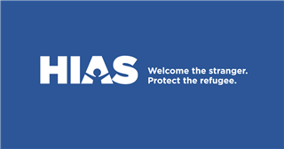 HIAS logo on a blue background with the text: Welcome the stranger. Protect the refugee.
