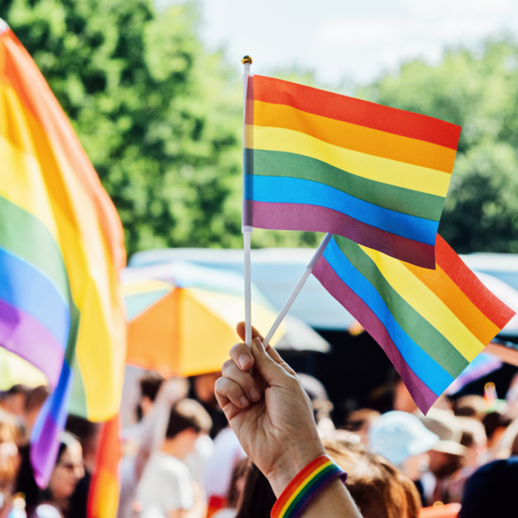 Hand holding two rainbow flags at an outdoor pride event, with other flags and people in the background.