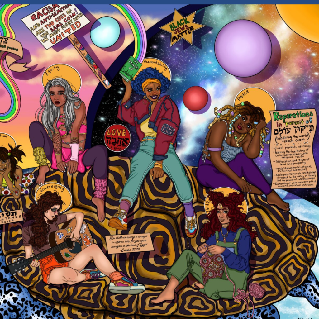 Five diverse people in vibrant outfits seated on a patterned rug, surrounded by colorful cosmic elements and text.