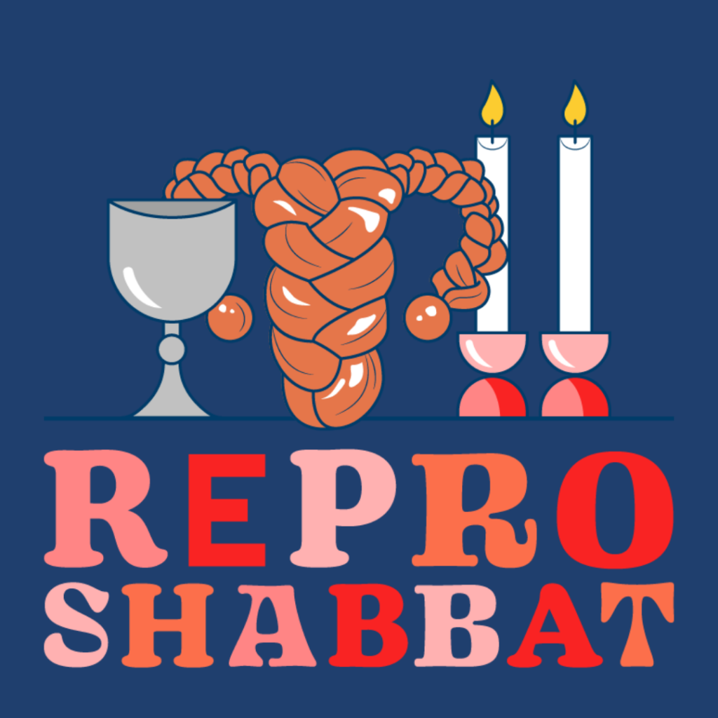 Illustration of a braided bread shaped like a uterus, with a goblet and lit candles, titled Repro Shabbat.