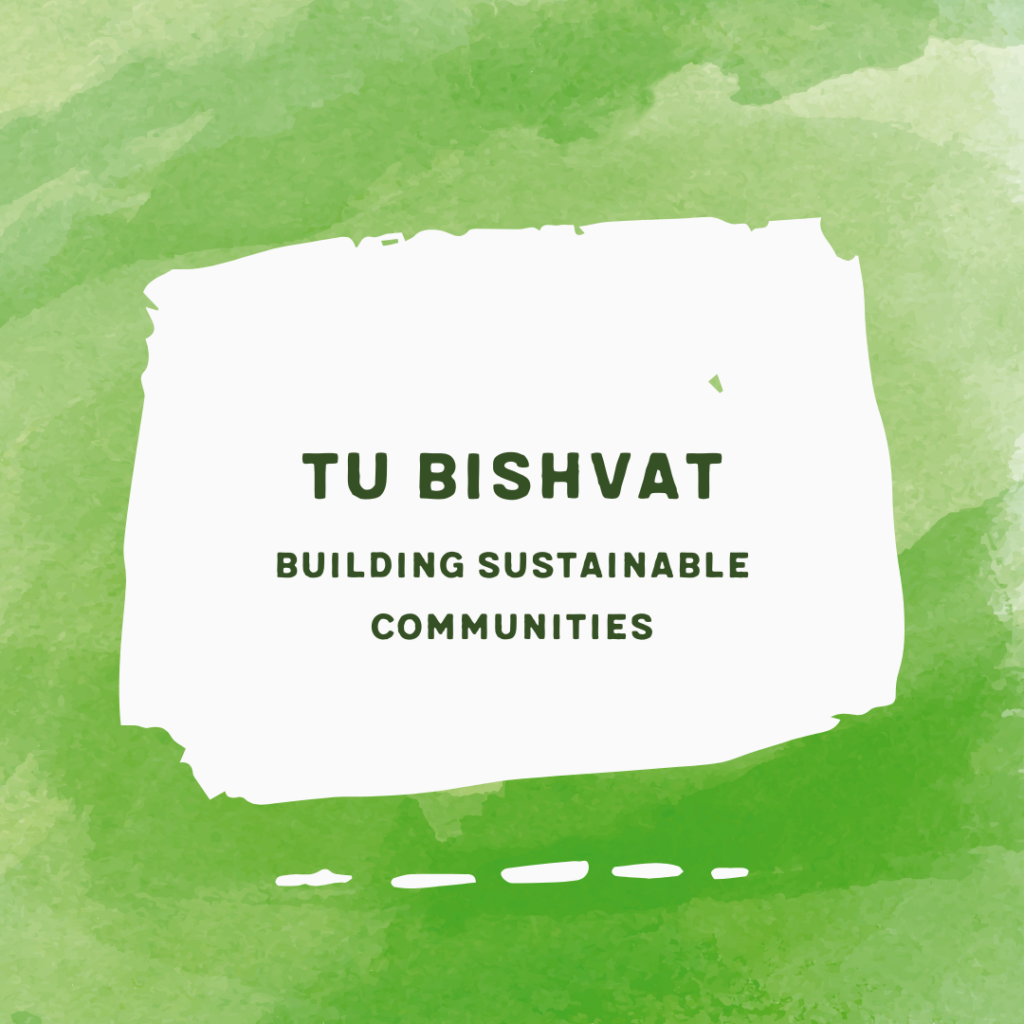 Green watercolor background with text: Tu Bishvat - Building Sustainable Communities.