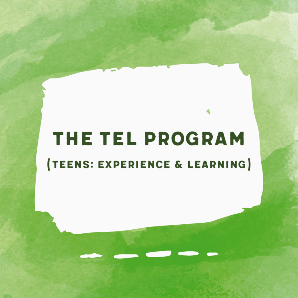 Text on green background: The TEL Program (Teens: Experience & Learning) on a white brushstroke.