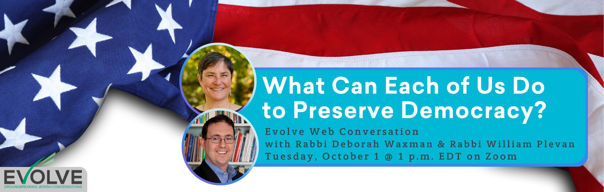 Banner for a web conversation on preserving democracy with two speakers, scheduled for October 1 on Zoom.