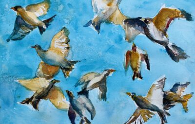 Watercolor painting of birds in flight against a blue sky.