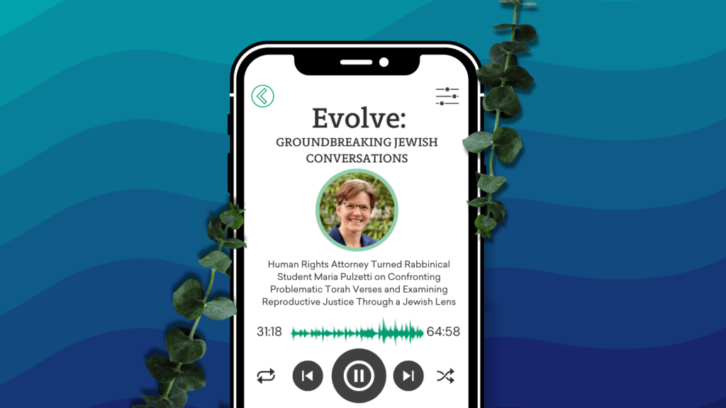 A phone with Evolve: Groundbreaking Jewish Conversations playing on screen