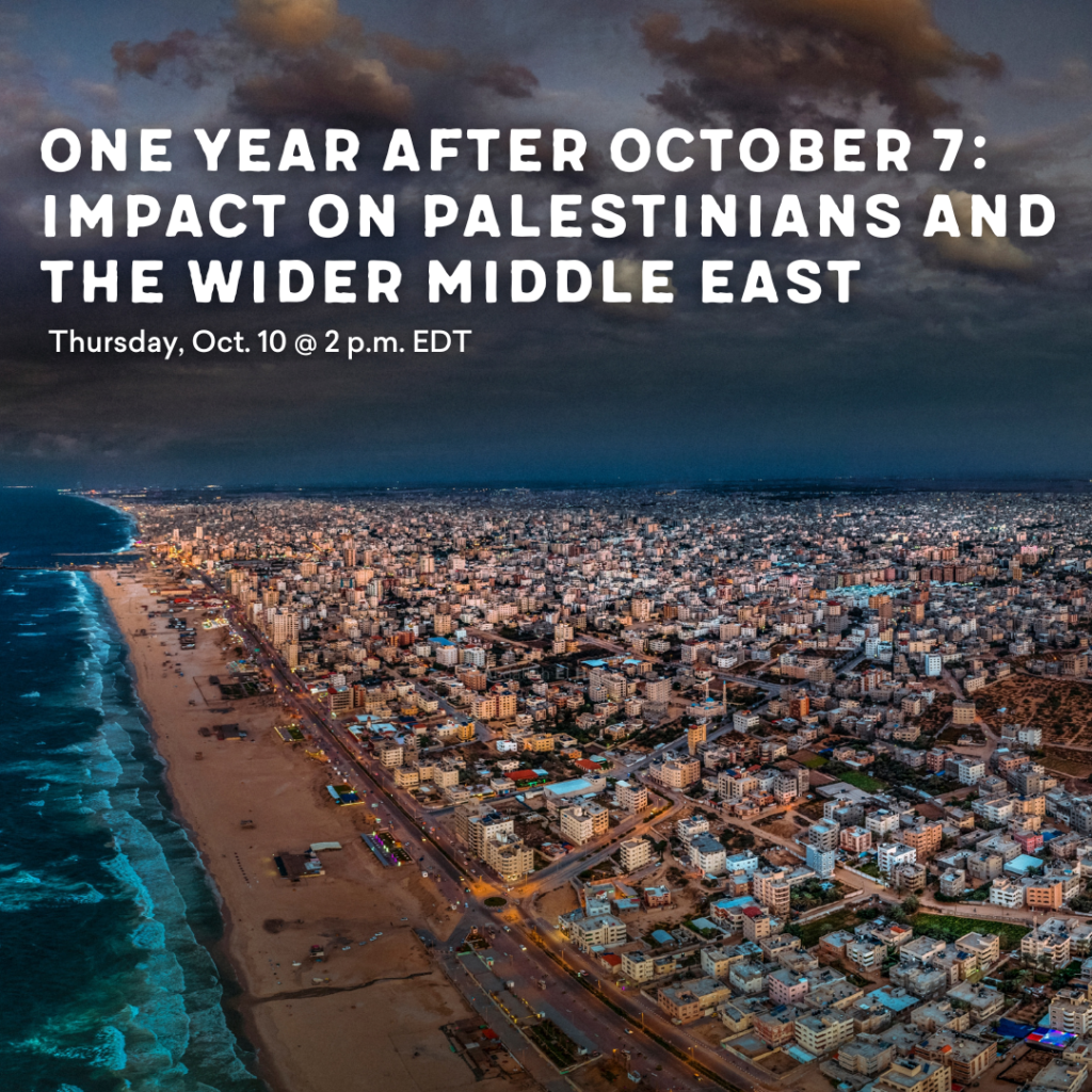 Aerial view of a coastal city with event text overlay about the impact on Palestinians and the Middle East.