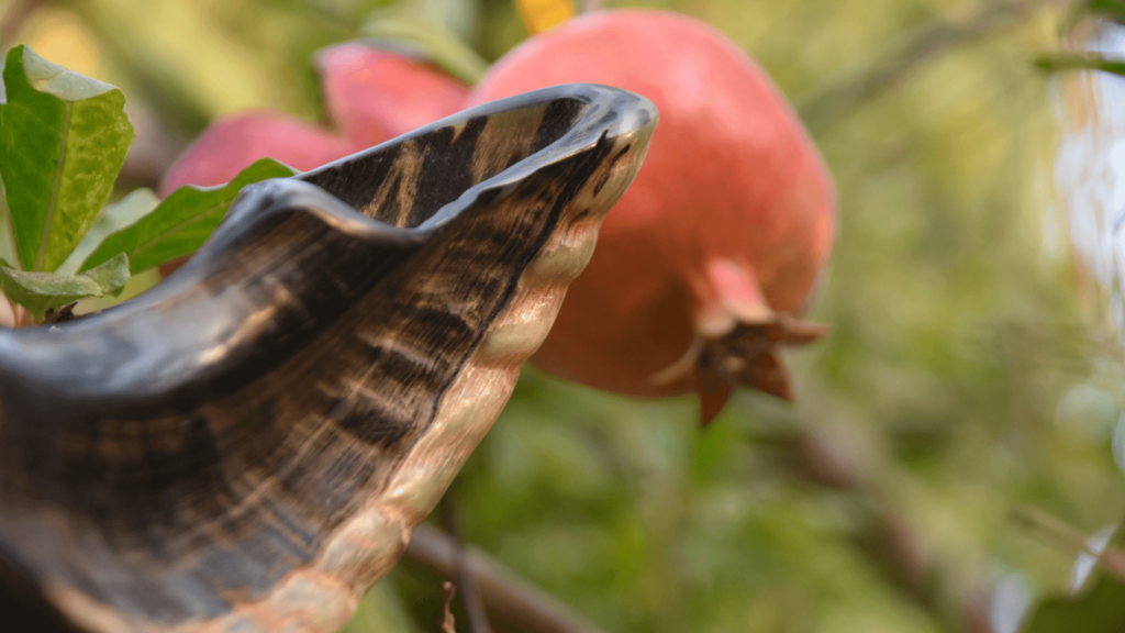 A wooden horn in front of a pomegranate