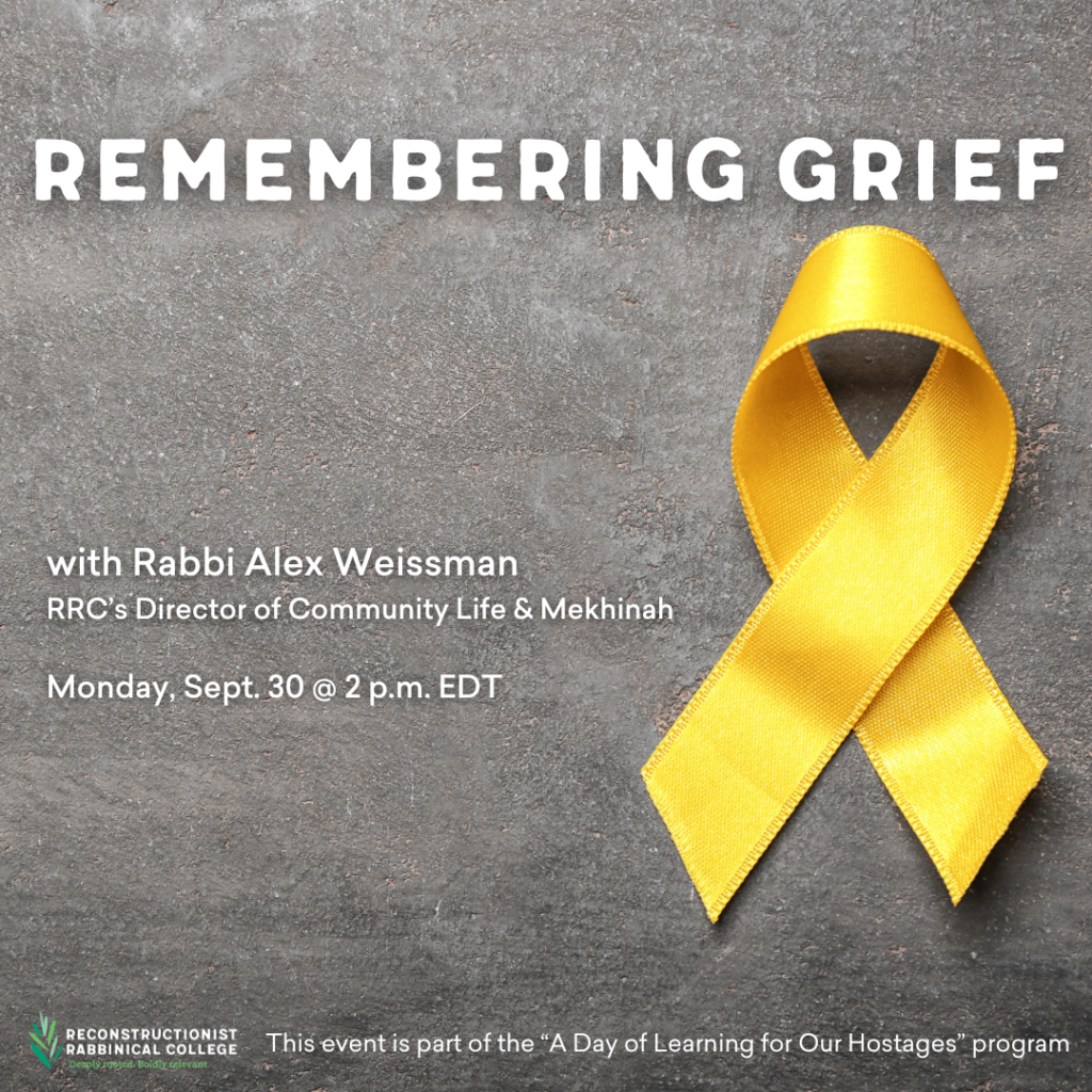 Yellow ribbon on gray background with text about an event titled Remembering Grief on September 30 at 2 p.m. EDT.