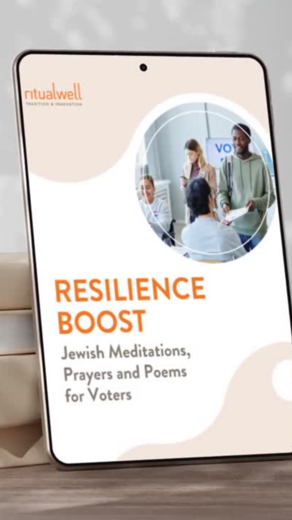 Tablet displaying Resilience Boost: Jewish Meditations, Prayers and Poems for Voters with people gathered in a room.