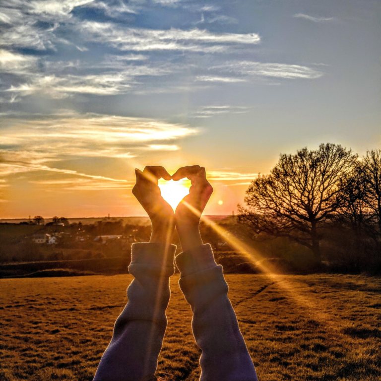 Hands forming a heart shape with fingers framing the sun during sunset in a field with trees.