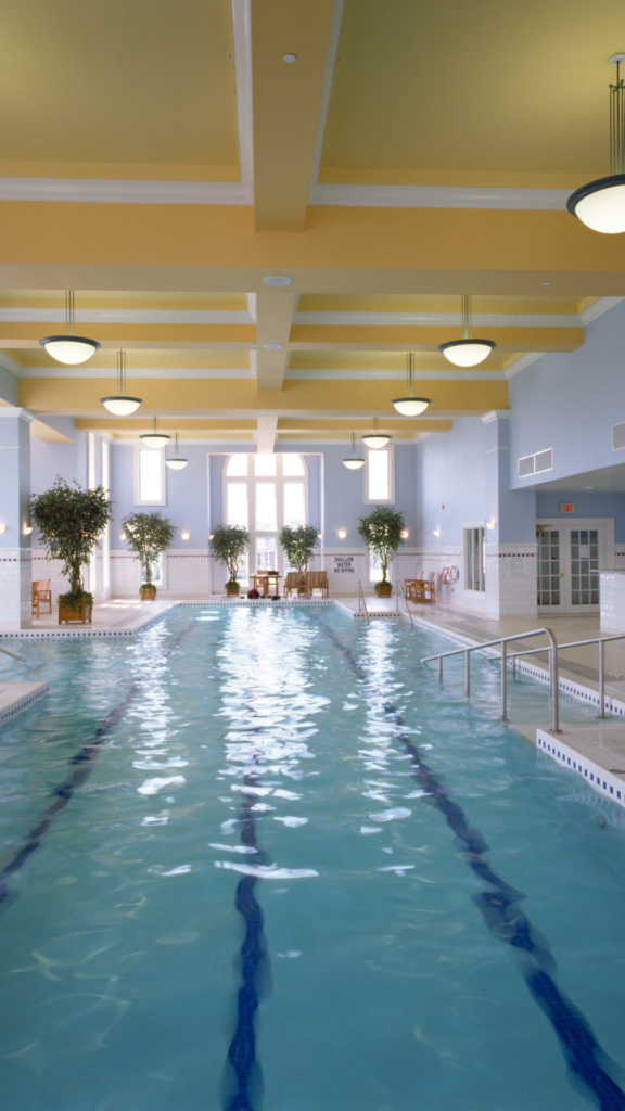 Indoor swimming pool with lanes, surrounded by potted plants and seating, under a ceiling with hanging lights.