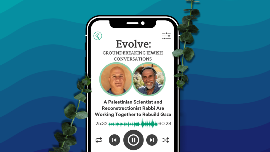 An iPhone screen with an Evolve episode playing against a wavy blue patterned background