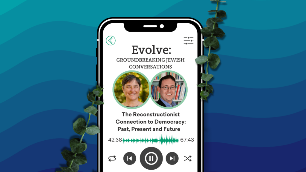 An iPhone screen with an Evolve episode playing against a wavy blue patterned background