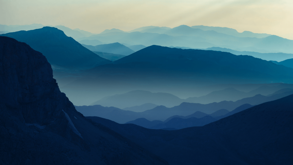 A misty blue mountain range