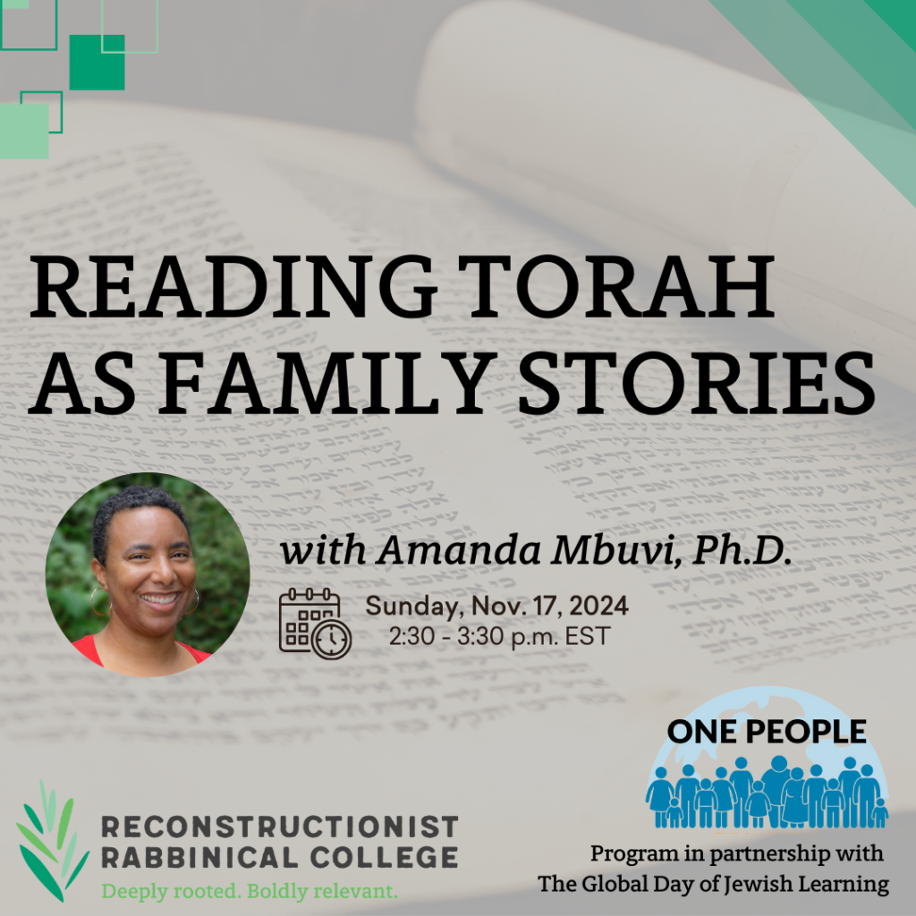 Event poster for Reading Torah as Family Stories with Amanda Mbuvi, November 17, 2024, 2:30-3:30 p.m. EST.