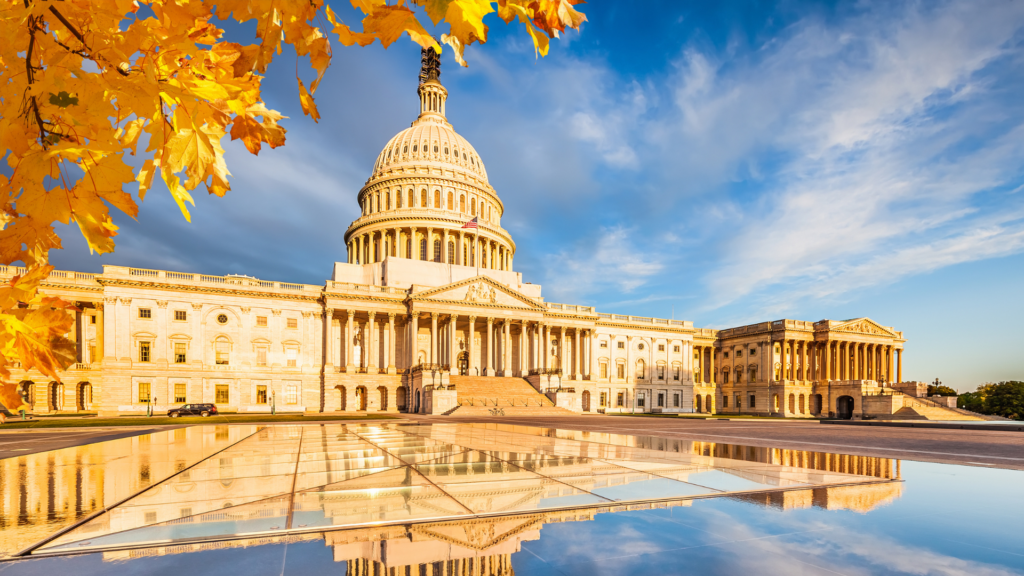 The U.S. Capitol building with golden autumn leaves and a reflective pool under a blue sky.