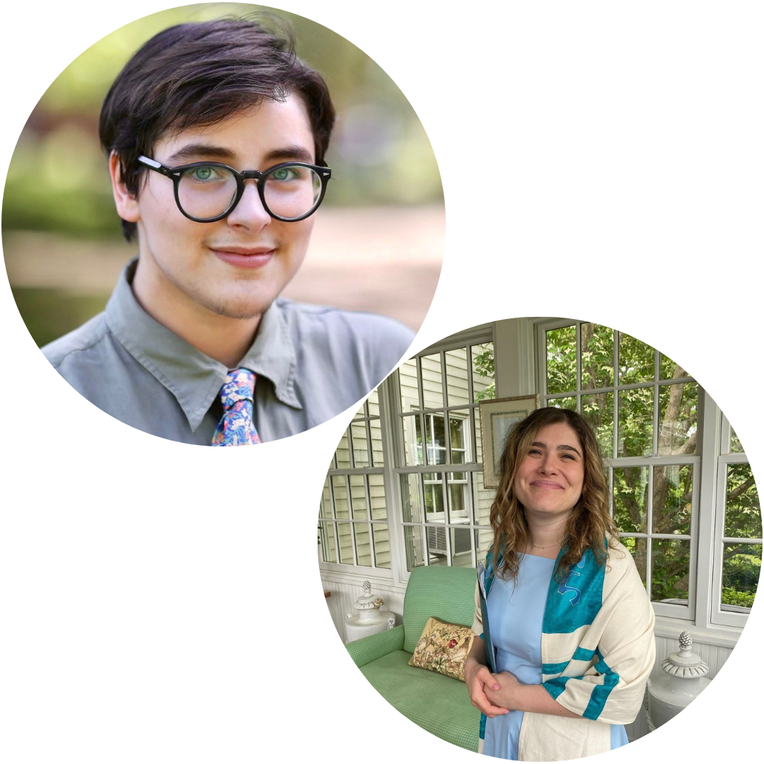 Two portraits: a person with glasses outdoors, and a smiling person in a floral dress on a porch.