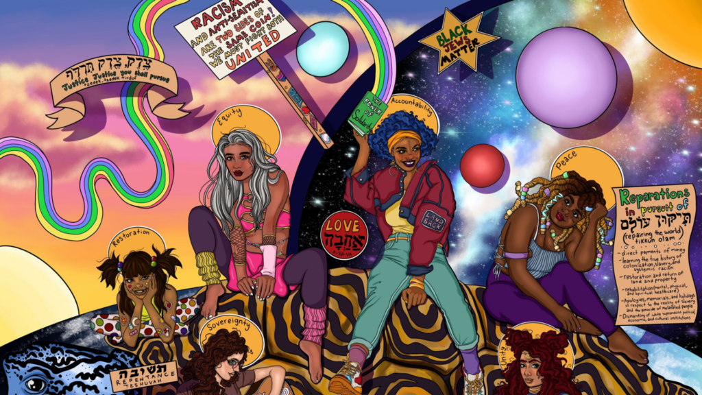 Five women with protest signs sit on a colorful, cosmic-themed background with planets and swirls.