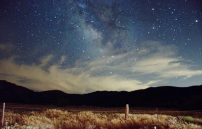 Starry night sky with the Milky Way above a dark landscape and a field in the foreground.