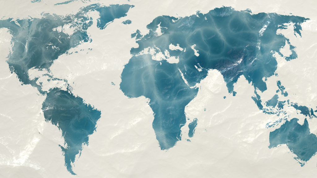 A world map depicted as oceanic water, blending landmasses and sea with a textured, aquatic effect.