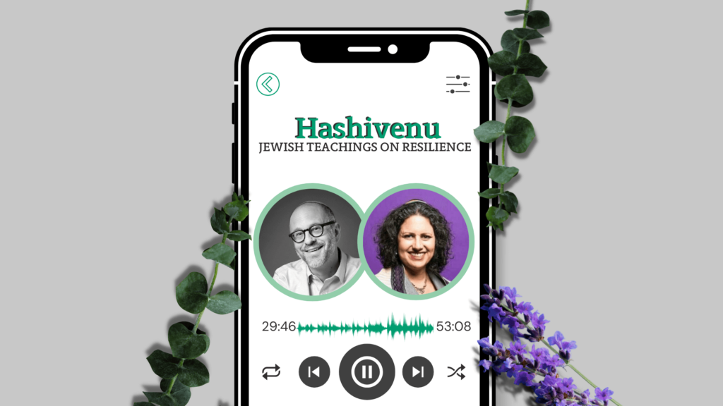 Podcast on phone screen with two hosts photos, surrounded by eucalyptus and lavender sprigs.