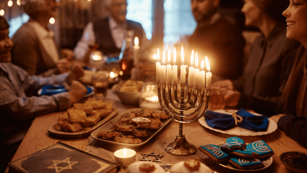 Family gathers around a festive table with a menorah and holiday treats, celebrating Hanukkah.